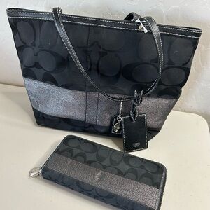 Coach Black and Silver Women's Tote Bag and Wallet Set
